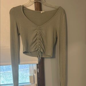 Olive Green Ruched V-Neck Women's Top